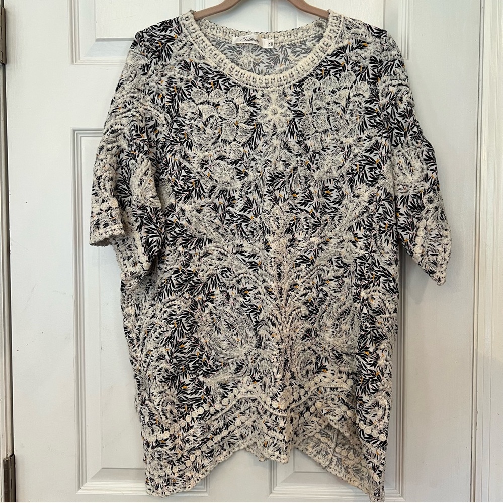 Solitaire Womens Floral Embroidered Scallop Hem Tunic Blouse Sz L Cottage Fairy